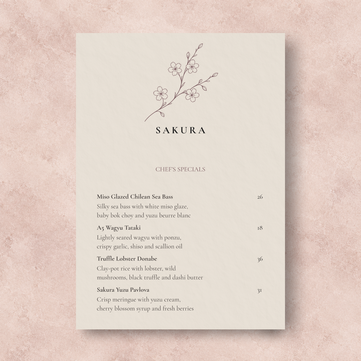 SAKURA Chef’s Specials Canva menu template V1 for Japanese and fine dining restaurants