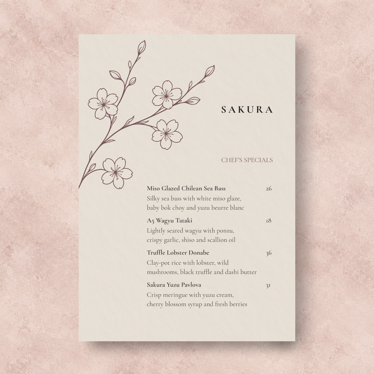 SAKURA Chef’s Specials Canva menu template V2 with cherry blossom illustration