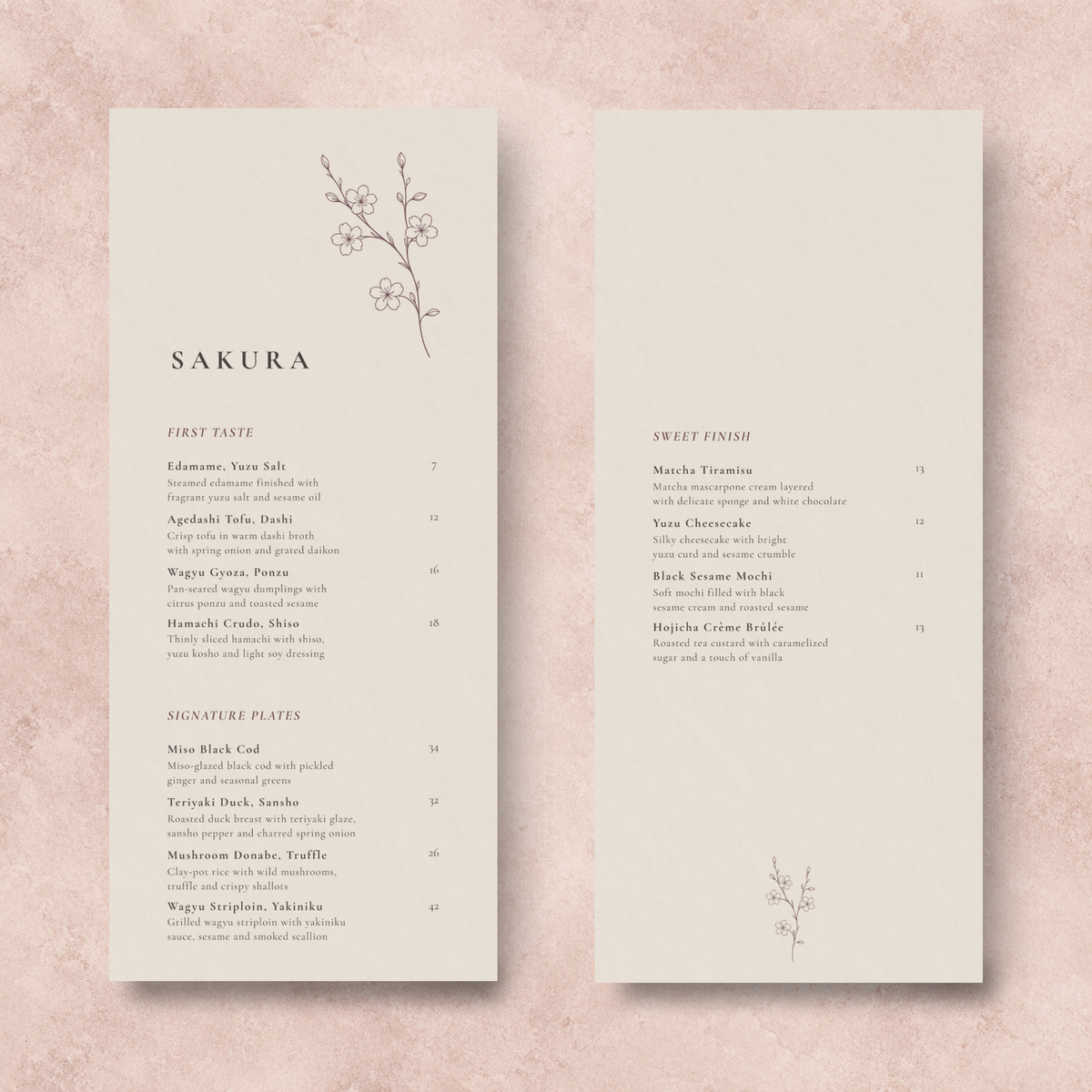 SAKURA double-sided Japanese restaurant menu template V1 with editable Canva layout