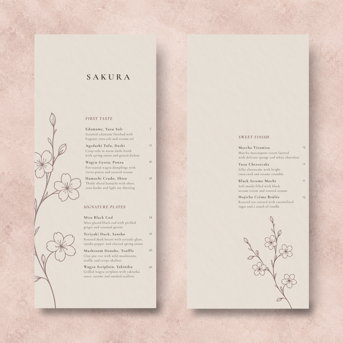 SAKURA double-sided Japanese restaurant menu template V2 with floral side motif and menu descriptions