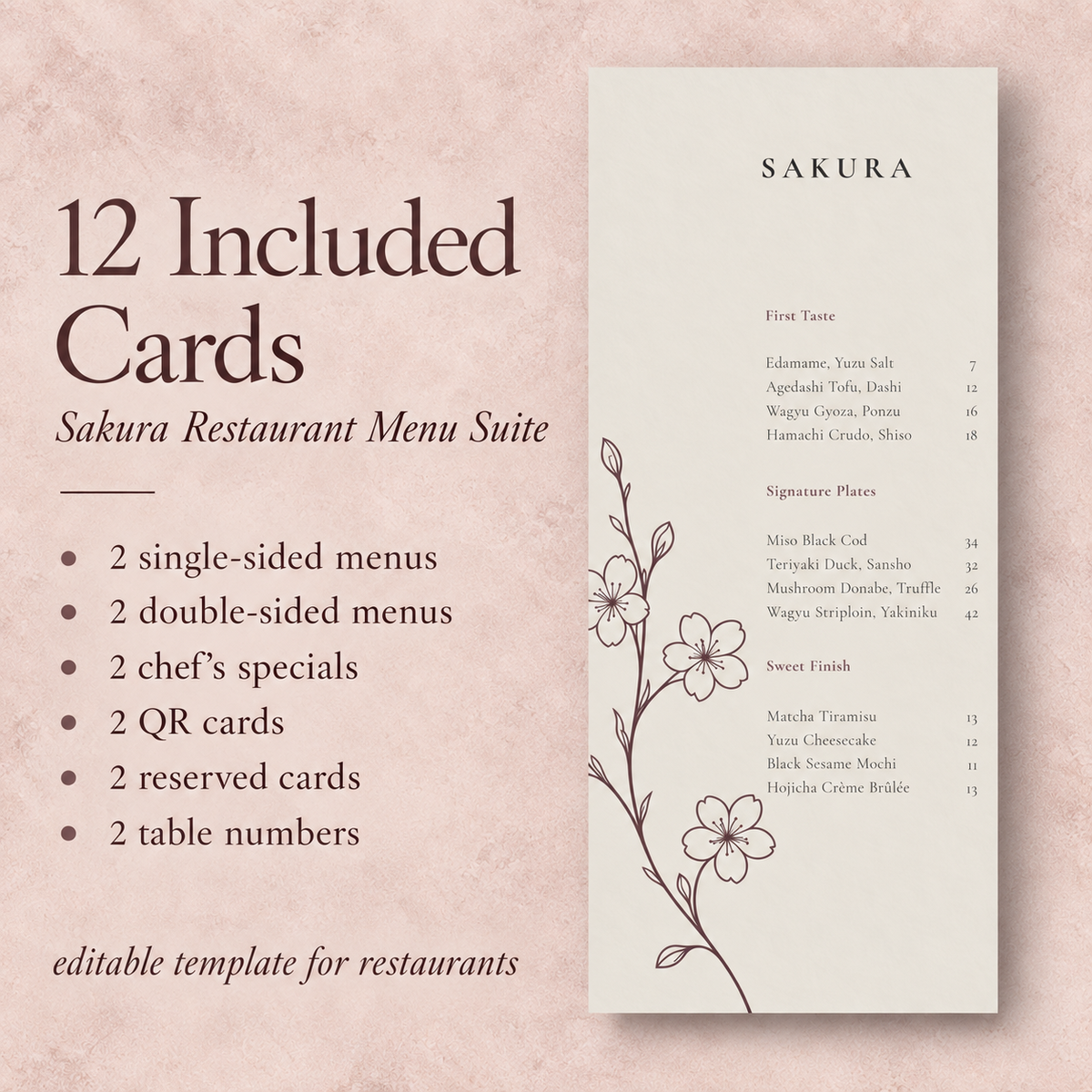 SAKURA Japanese restaurant menu suite with 12 editable Canva cards, including menus, Chef’s Specials, QR, Reserved and Table Number cards