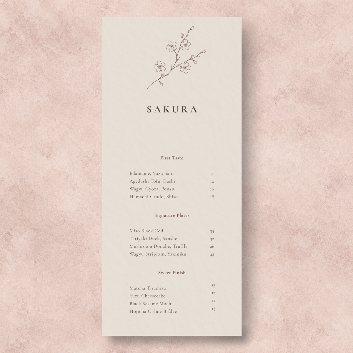 SAKURA single-sided Japanese restaurant menu template V1 with elegant cherry blossom design