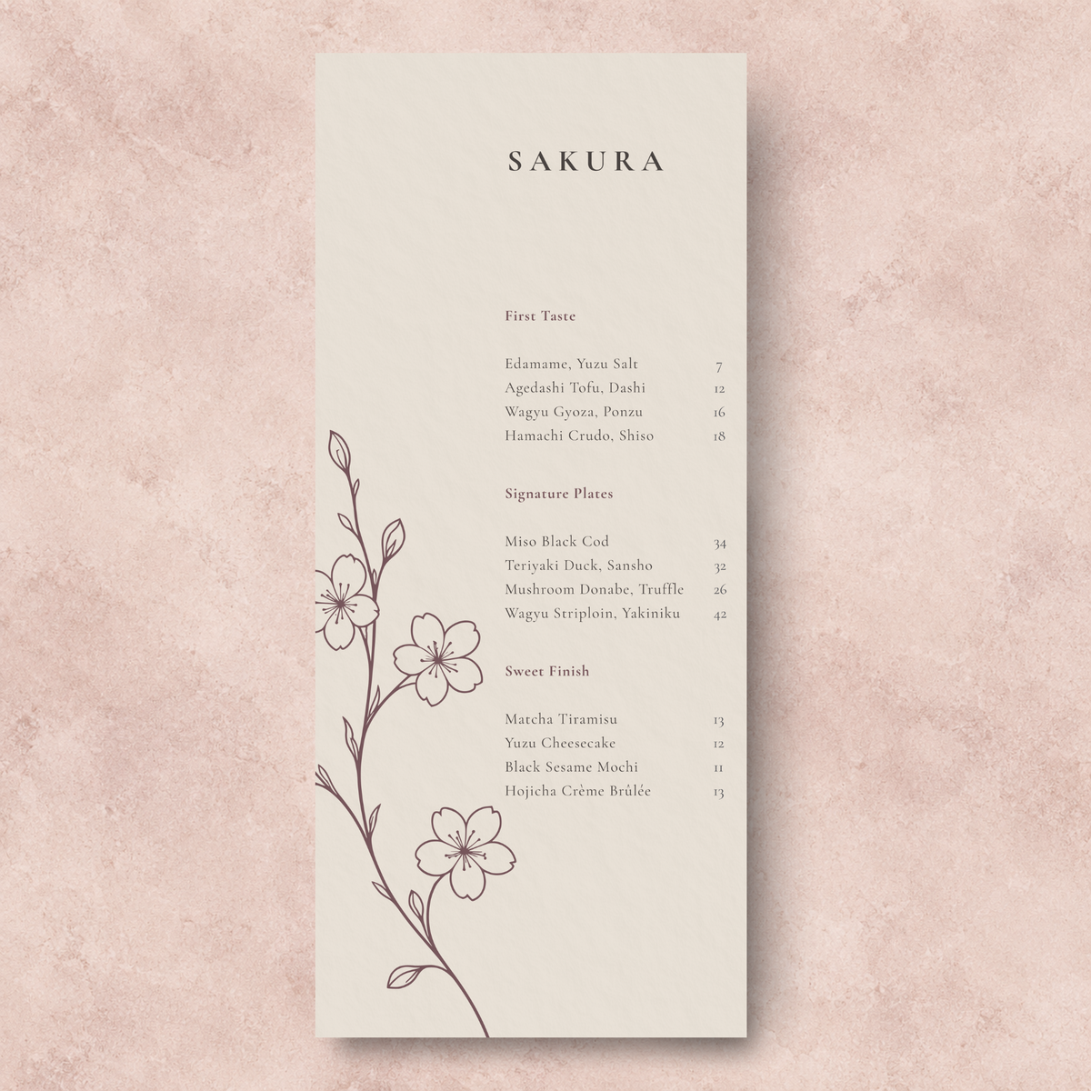 SAKURA single-sided Japanese restaurant menu template V2 with large cherry blossom side illustration